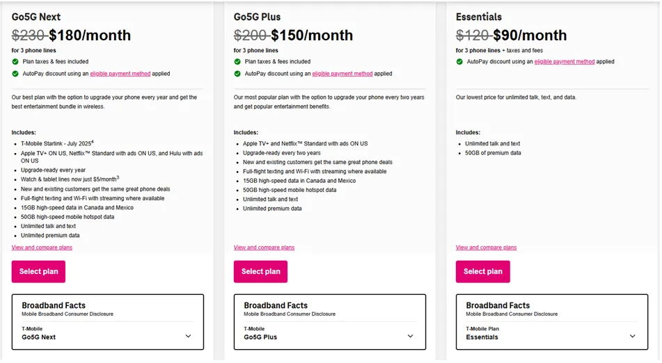 Website T-Mobile hiển thị các gói cước data không giới hạn, bao gồm ưu đãi và tốc độ cao