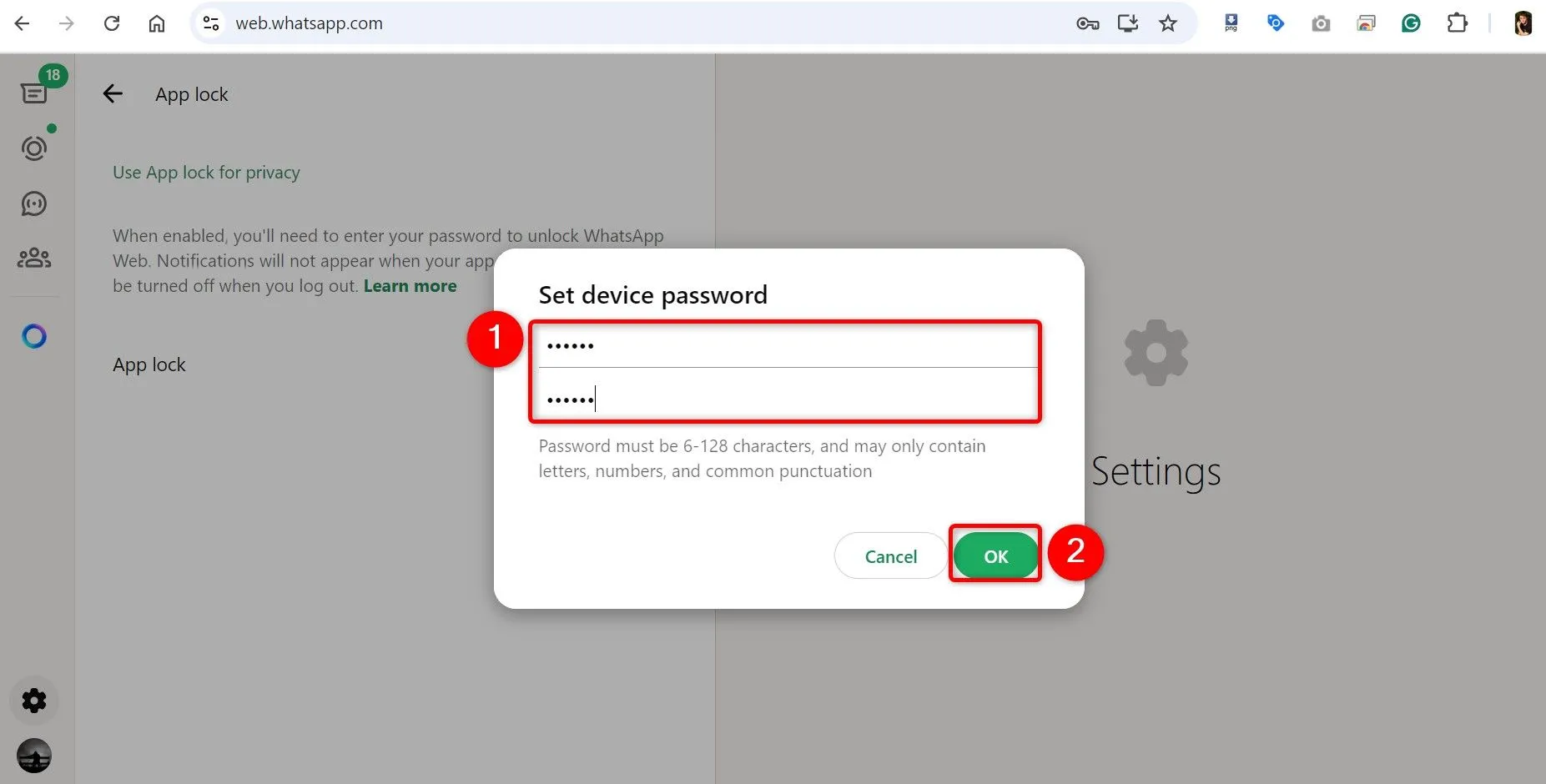 Xác nhận mật khẩu để khóa ứng dụng WhatsApp Web