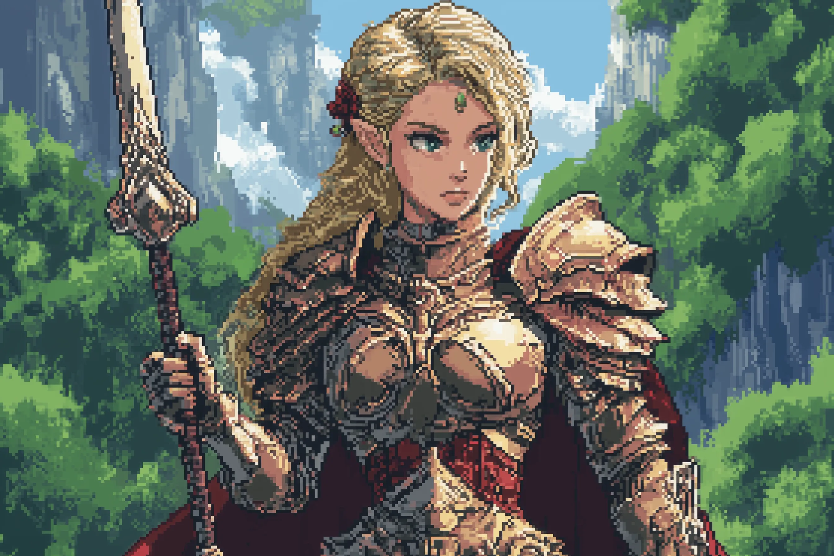 Ảnh pixel art mô tả một chiến binh tộc Elf trong bộ giáp tinh xảo, gợi nhớ đến các vật phẩm cosmetic NFT trong game.