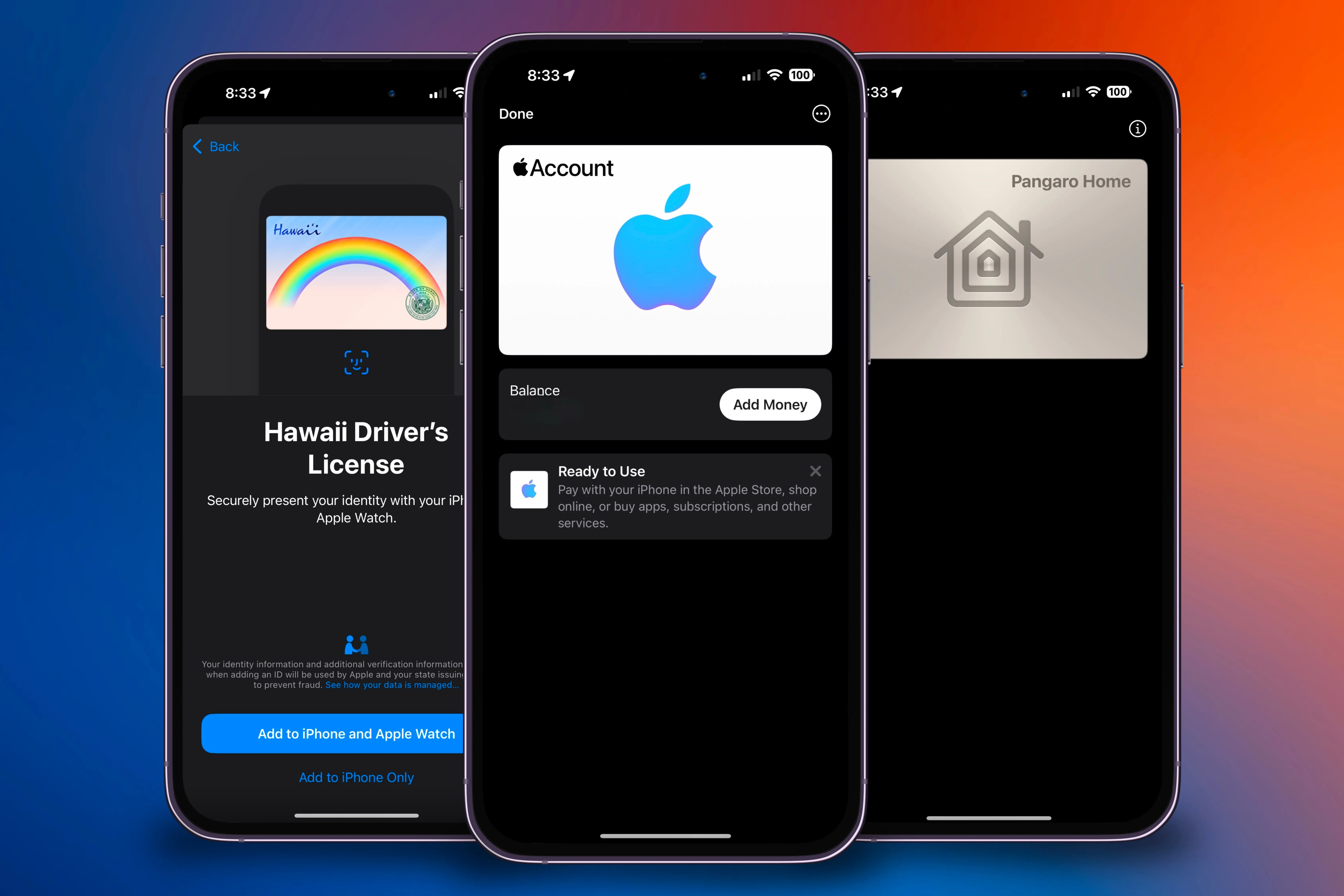 Ba chiếc iPhone hiển thị các loại thẻ được hỗ trợ trong Apple Wallet, bao gồm bằng lái xe, thẻ tín dụng và thẻ giao thông.