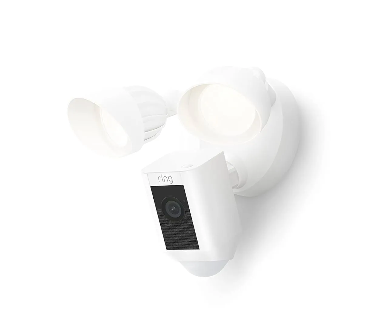 Camera Ring Floodlight Cam Wired Plus với đèn pha sáng và cảm biến chuyển động tích hợp.