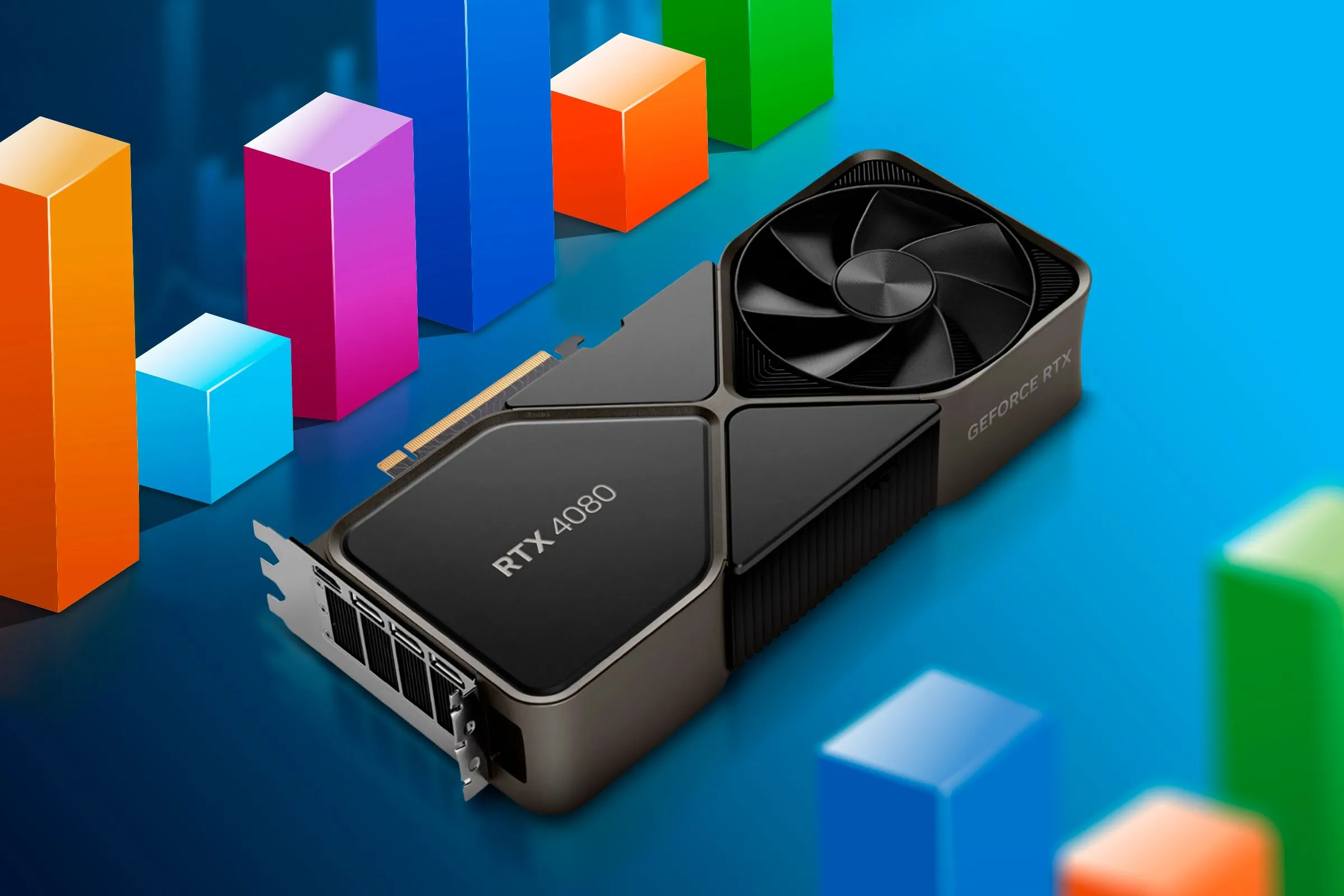 Card đồ họa (GPU) hiển thị cùng các biểu đồ benchmark hiệu suất và nhiệt độ