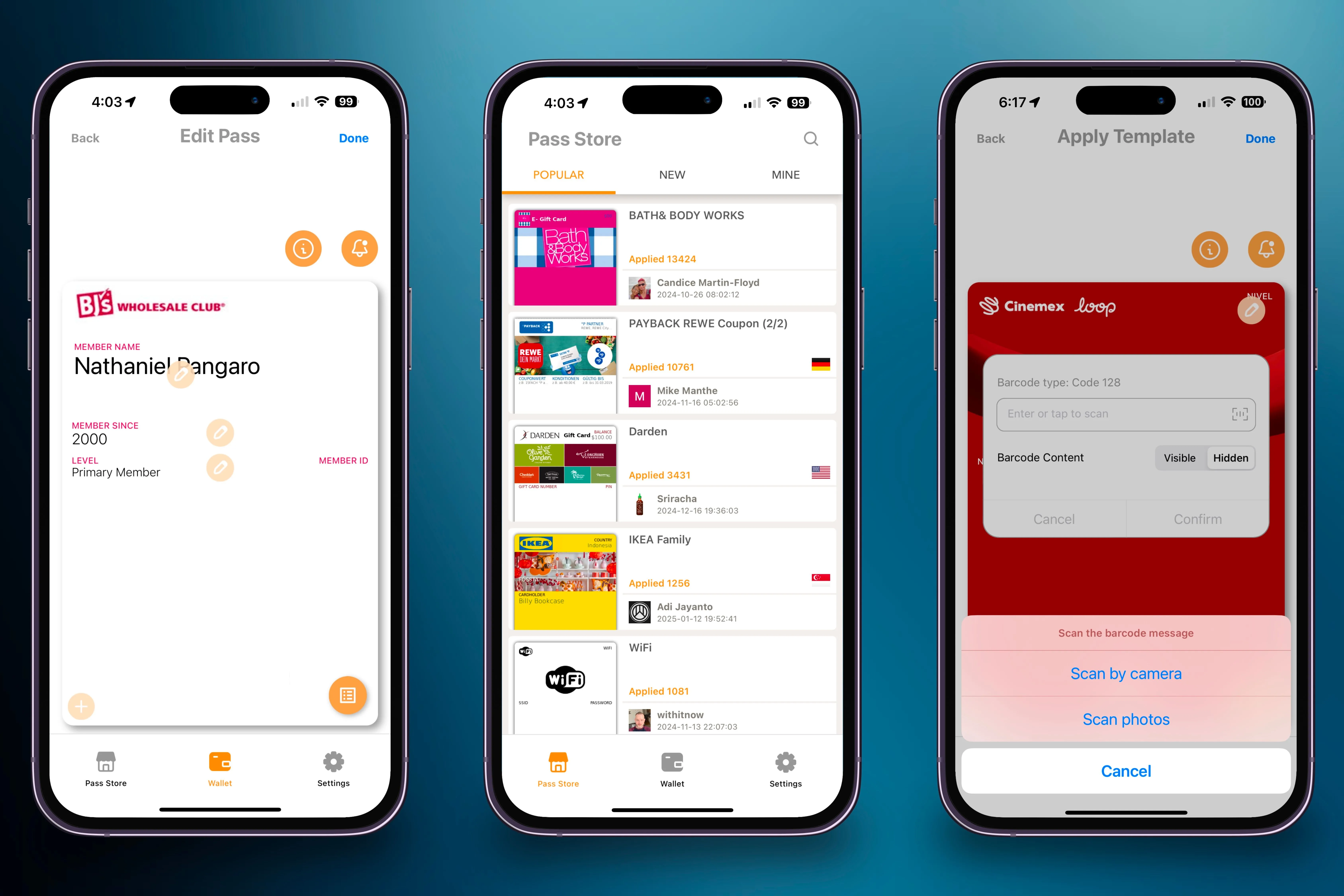 Chọn mẫu thẻ từ Pass Store, điền thông tin cá nhân và nhập dữ liệu tài khoản để số hóa thẻ.