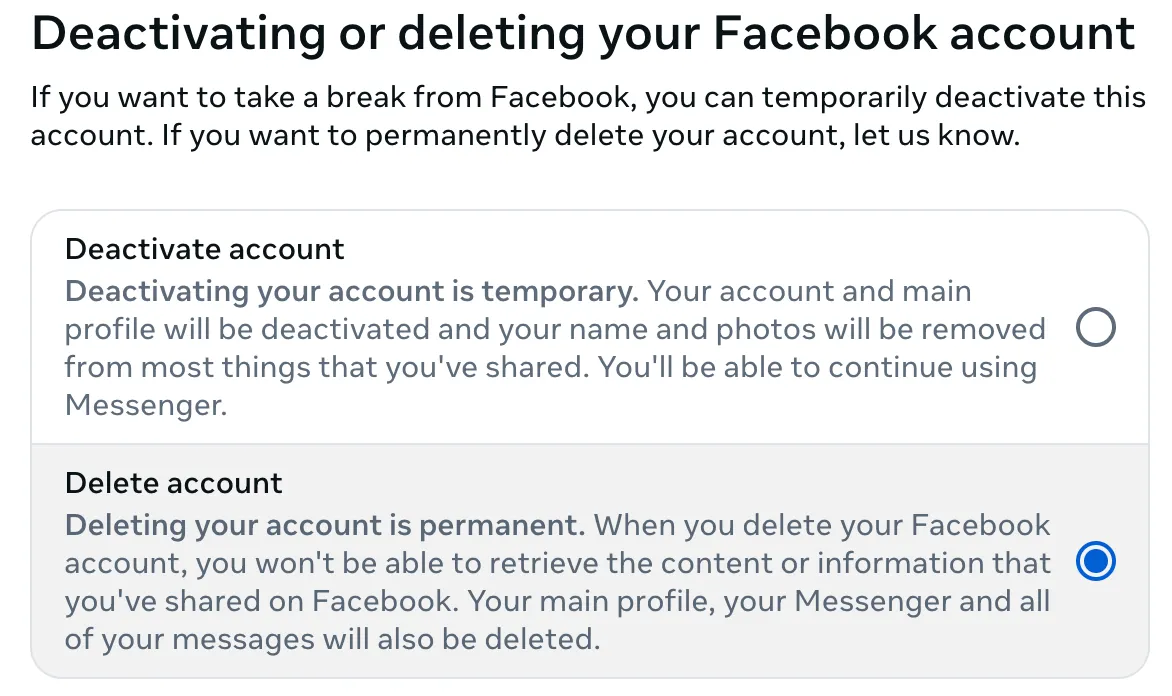 Chọn tùy chọn xóa tài khoản vĩnh viễn trong cài đặt Facebook