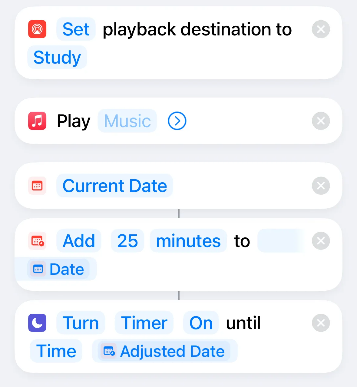 Giao diện hoàn chỉnh của Phím tắt &quot;Bắt đầu Hẹn giờ Pomodoro&quot; trên iPhone, hiển thị các bước phát nhạc và kích hoạt Focus Mode
