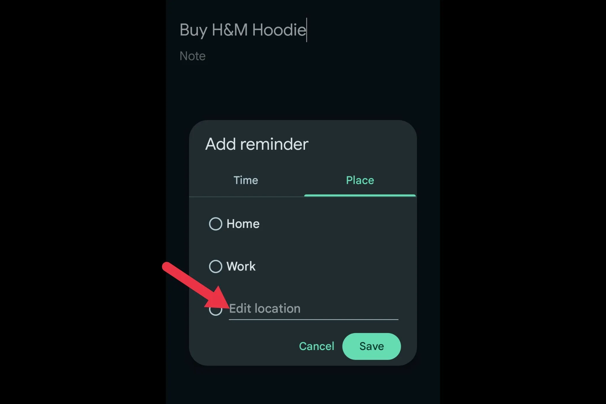 Giao diện nhập địa điểm cho lời nhắc vị trí trong Google Keep