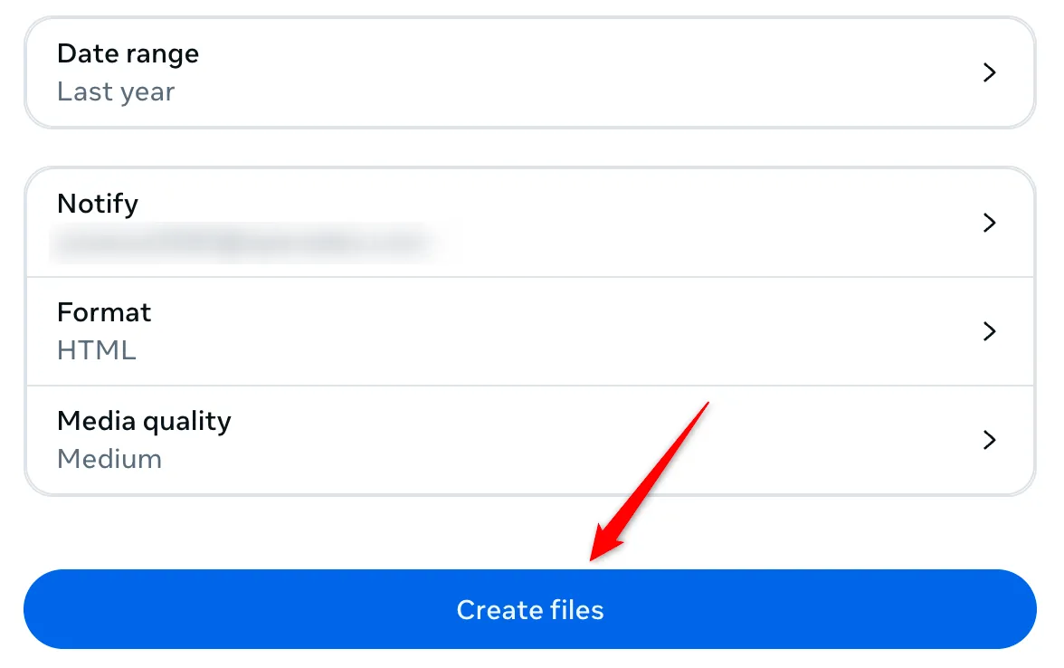 Giao diện tạo tệp để tải xuống dữ liệu cá nhân trên Facebook