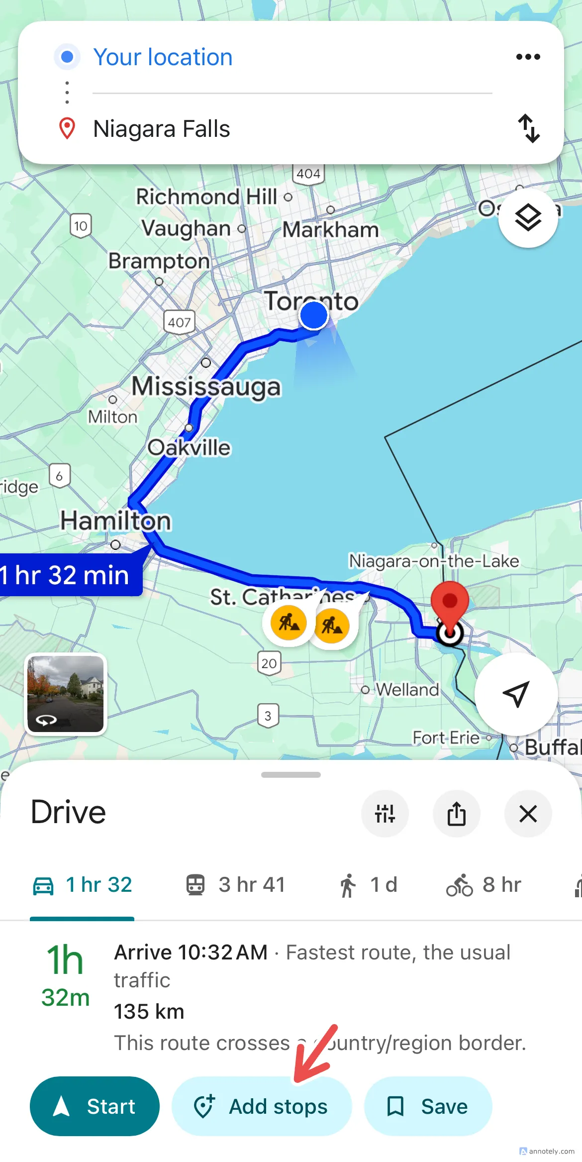Google Maps tính toán lại thời gian lái xe sau khi thêm các điểm dừng vào lộ trình.