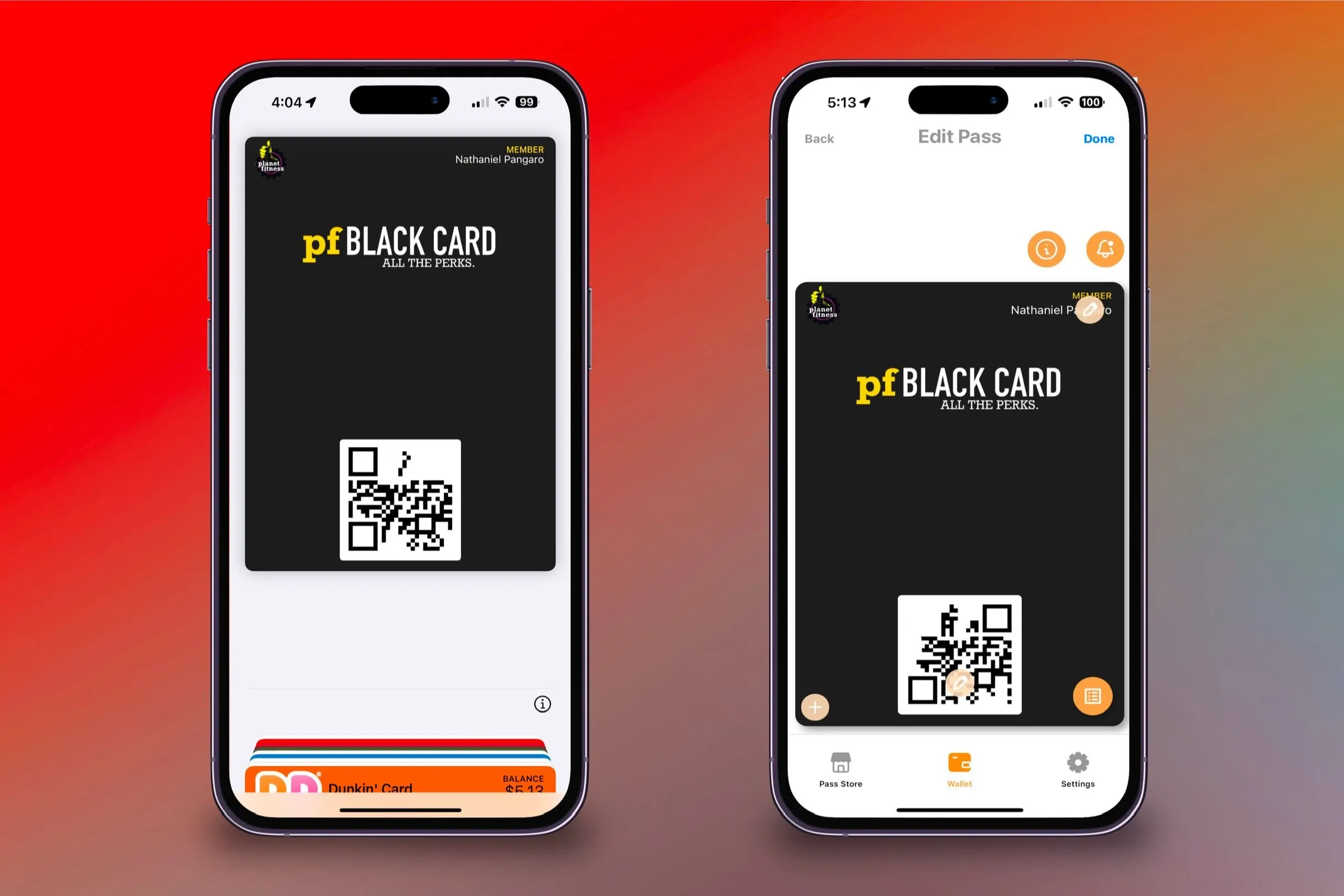 Hiển thị thẻ kỹ thuật số được tạo từ Pass2U sau khi xuất sang Apple Wallet trên iPhone và khả năng chỉnh sửa thẻ.