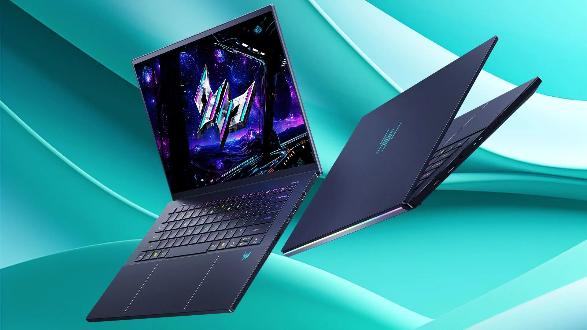 Laptop gaming Acer Predator Triton 14 AI màu đen với đèn nền bàn phím RGB, thể hiện sức mạnh đồ họa