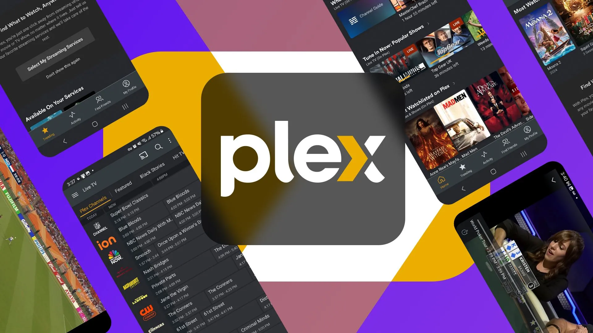 Logo Plex cùng các ảnh chụp màn hình giao diện ứng dụng mới trên Roku, thể hiện trải nghiệm người dùng