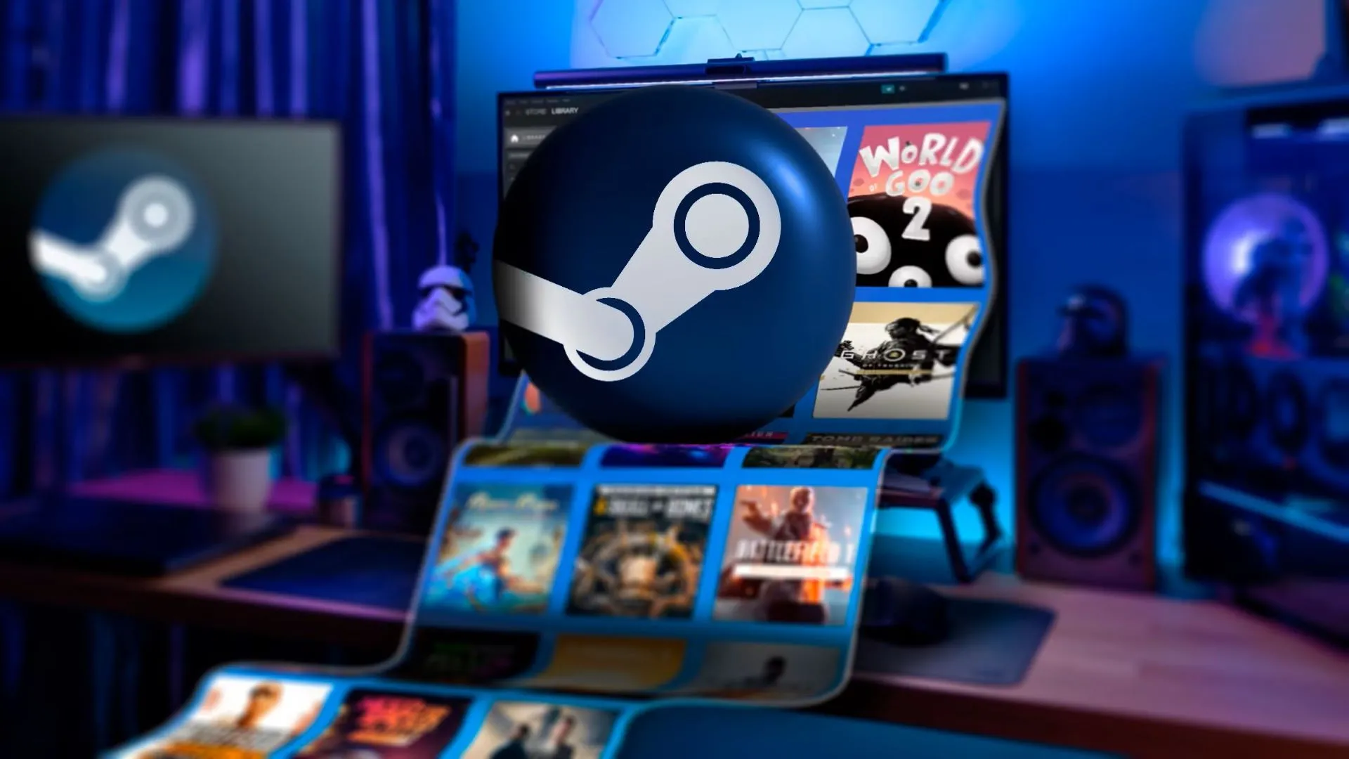 Máy tính chơi game hiển thị logo Steam và các tựa game, biểu thị sự thống trị của Steam trên thị trường game PC kỹ thuật số.
