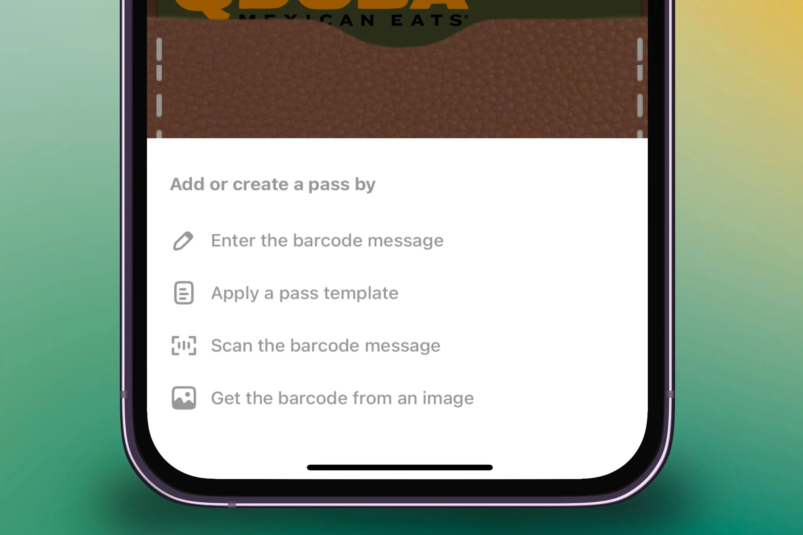 Menu hiển thị các phương thức nhập liệu mã vạch vào ứng dụng Pass2U Wallet trên iPhone, bao gồm quét, nhập thủ công và từ ảnh.