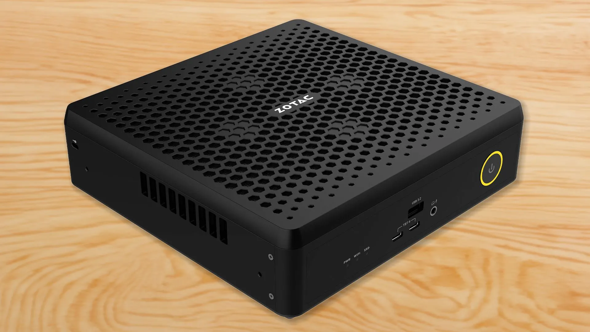Mini PC Zotac ZBOX MAGUS nhỏ gọn màu đen với các cổng kết nối và logo thương hiệu