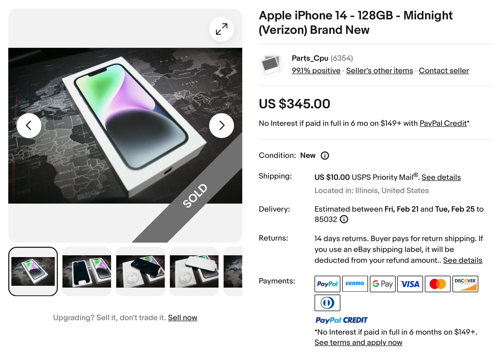 Một chiếc iPhone 14 màu đen đã qua sử dụng được bán trên eBay, cho thấy khả năng tìm kiếm các mẫu cũ hơn.