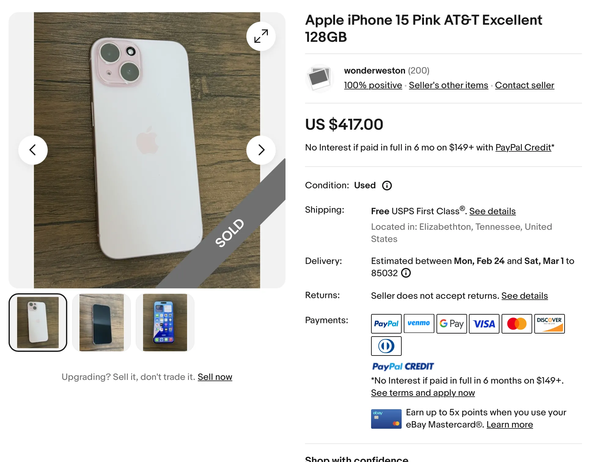 Một chiếc iPhone 15 màu hồng đã qua sử dụng được bán trên eBay, minh họa lựa chọn mua điện thoại cũ.