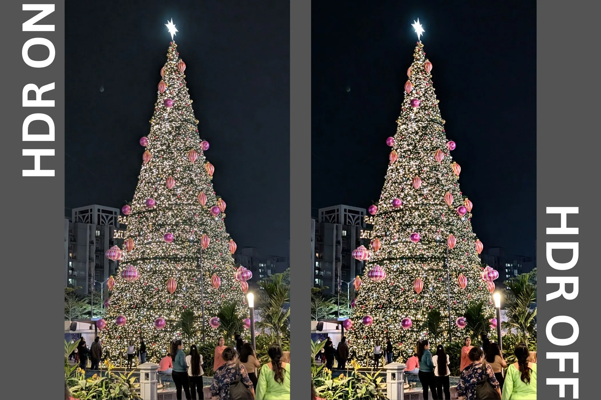 So sánh ảnh chụp thực tế khi bật và tắt HDR, minh họa sự khác biệt về độ sáng và chi tiết.