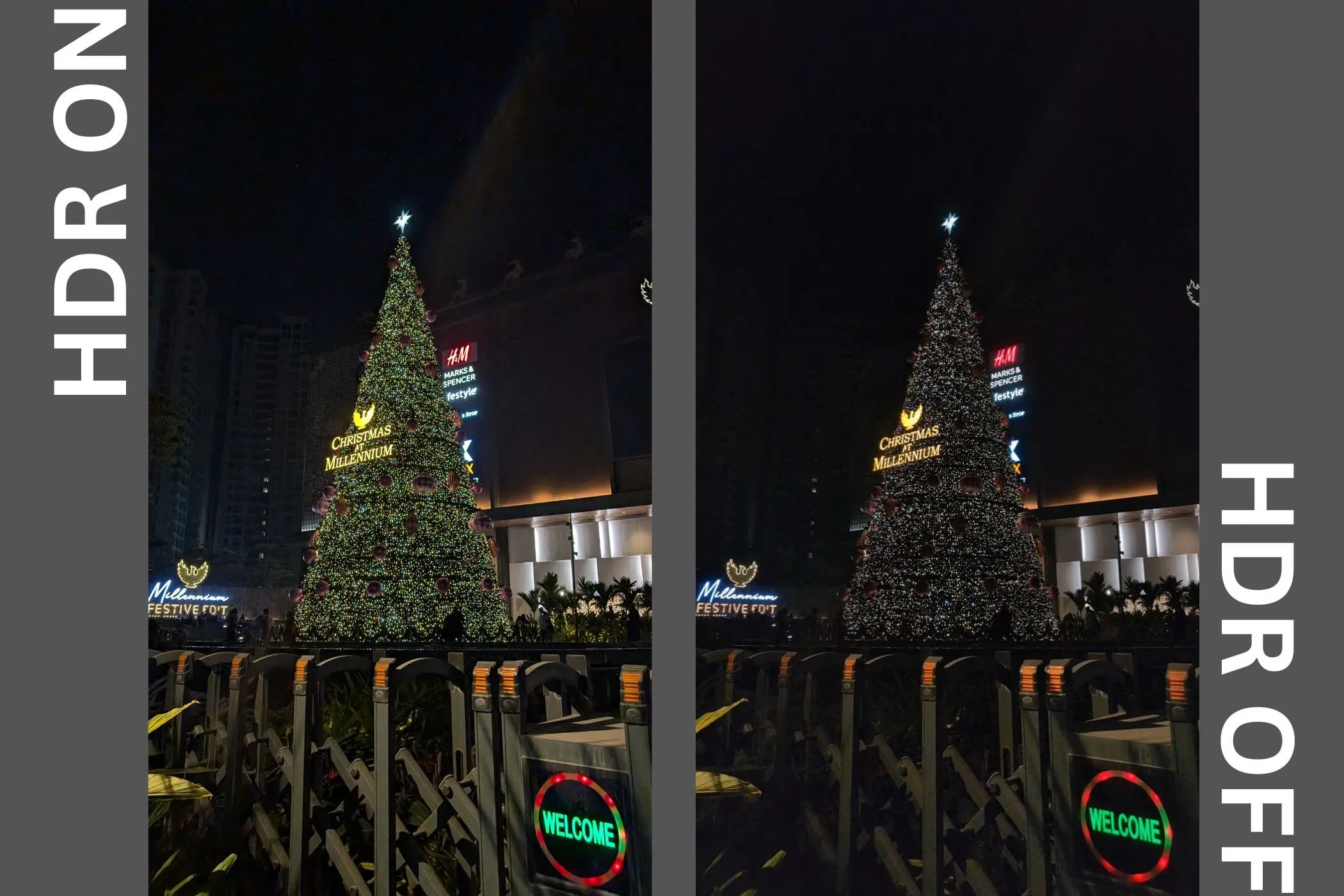 So sánh chi tiết hình ảnh thực tế khi bật và tắt HDR, cho thấy tác động của chế độ HDR lên màu sắc và độ tương phản.