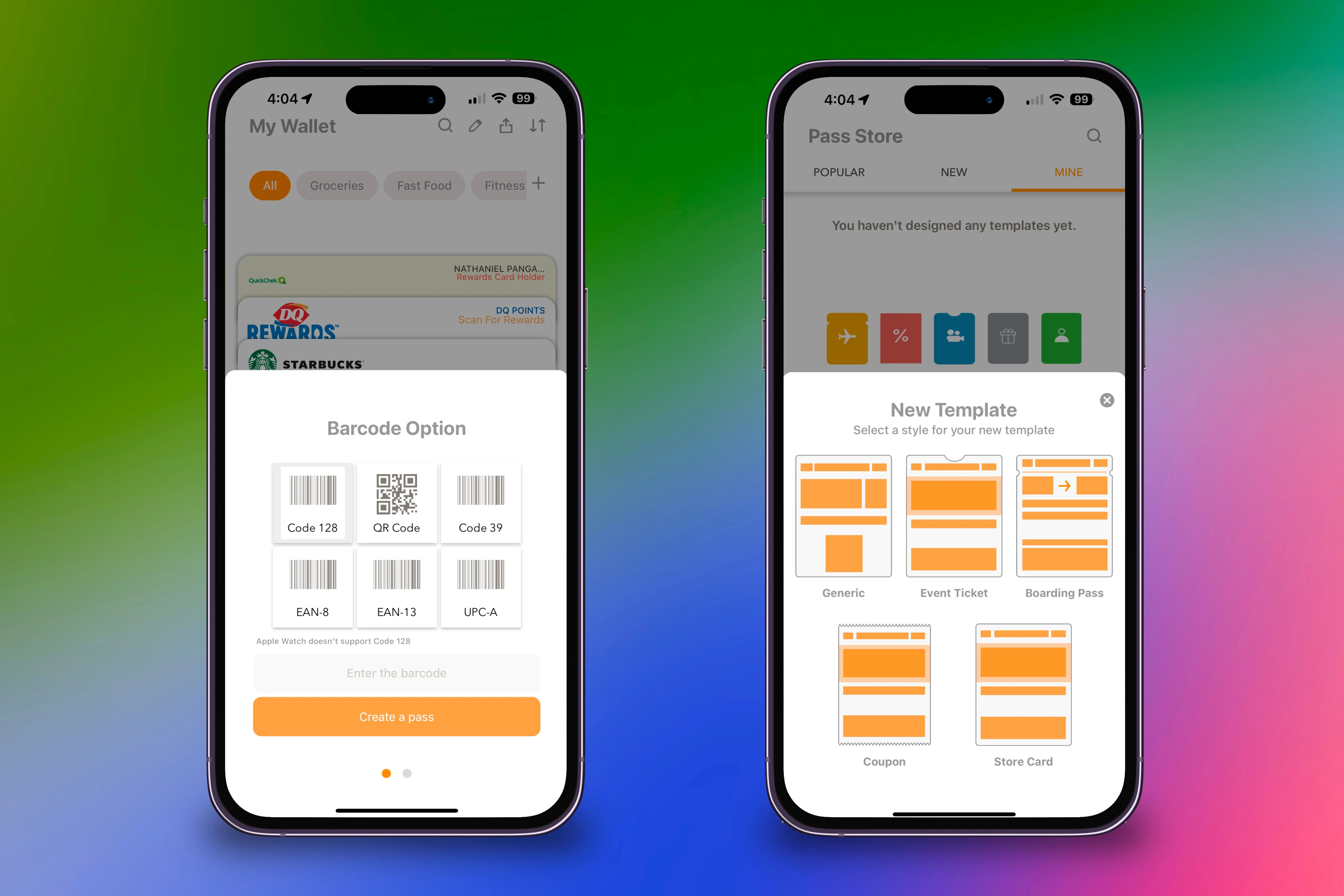 Tùy chọn mã vạch và giao diện tạo thẻ mới trong ứng dụng Pass2U trên hai chiếc iPhone.