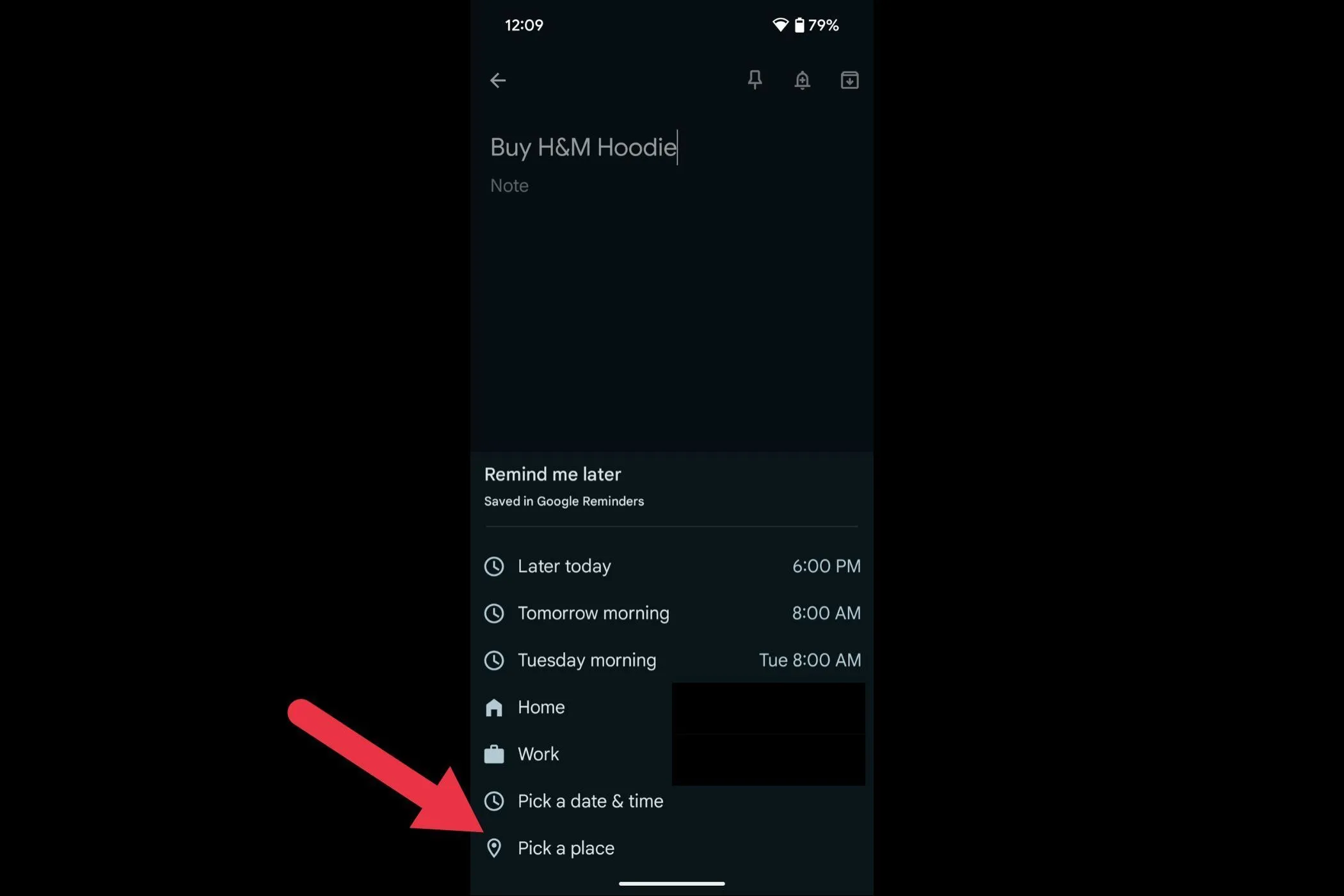 Tùy chọn 'Pick a place' để cài đặt lời nhắc theo vị trí trên Google Keep