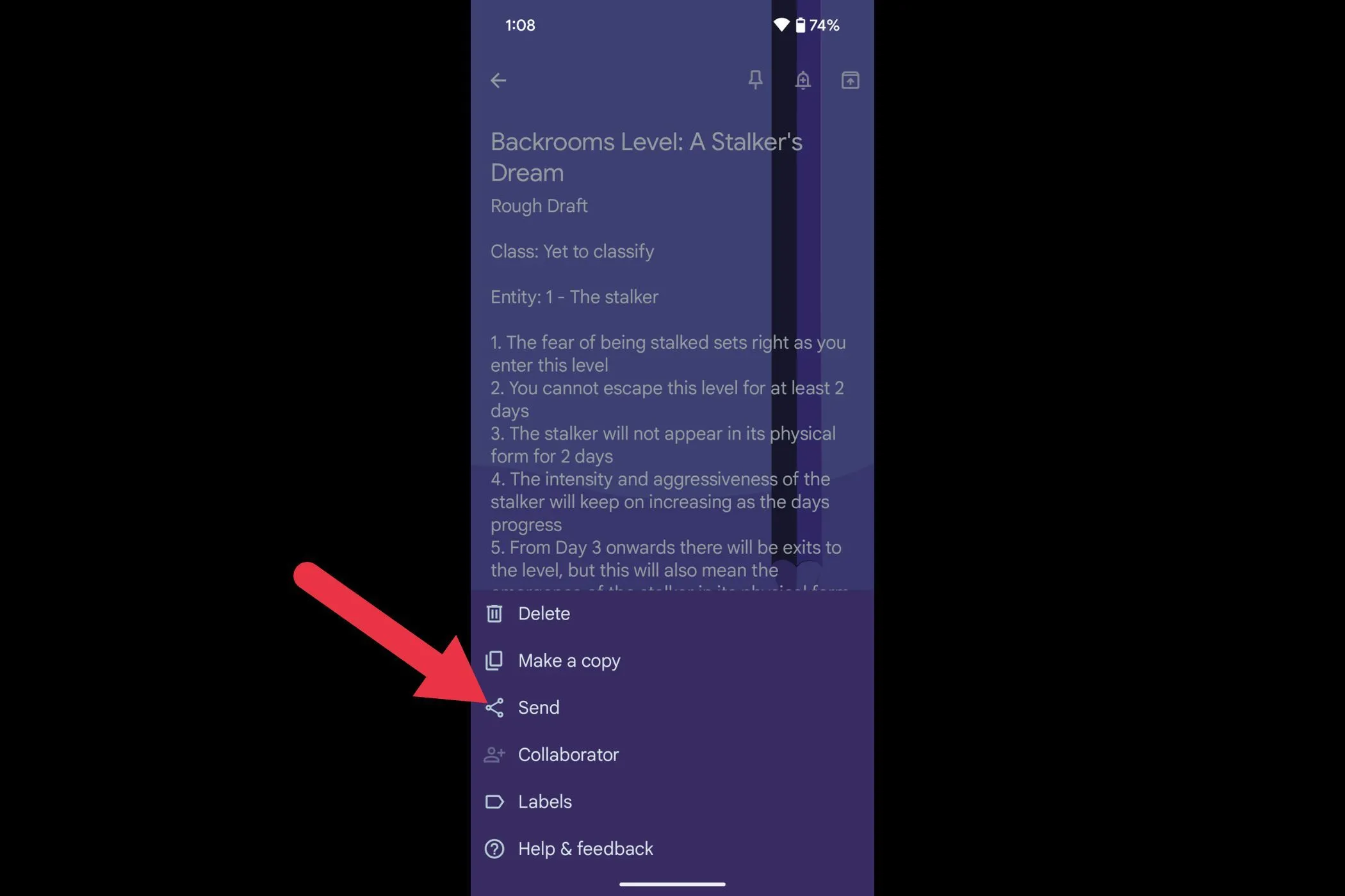 Tùy chọn 'Send' (Gửi) từ menu ghi chú trong Google Keep