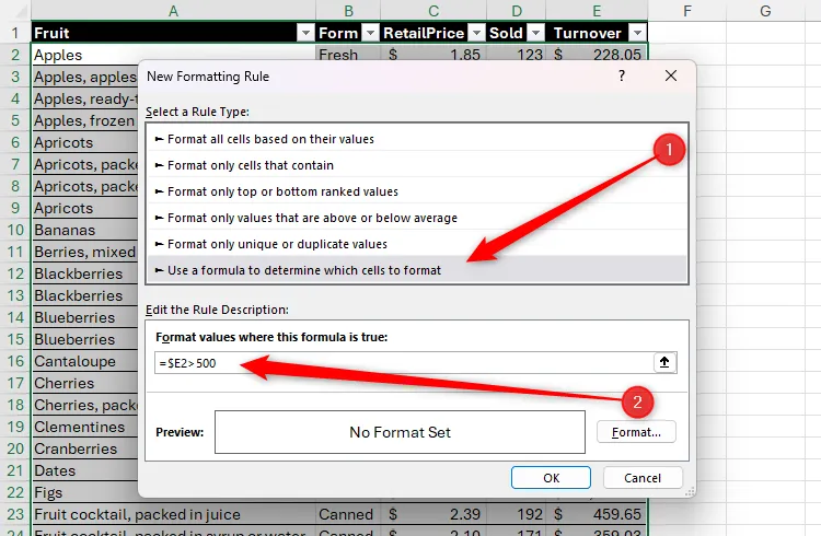 A formula is added to the Conditional Formatting Rule dialog box in Microsoft Excel.