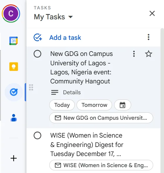 Bảng điều khiển Google Tasks hiển thị nhiệm vụ đã thêm từ email và các tùy chọn chỉnh sửa chi tiết (tiêu đề, ngày đến hạn, ghi chú)