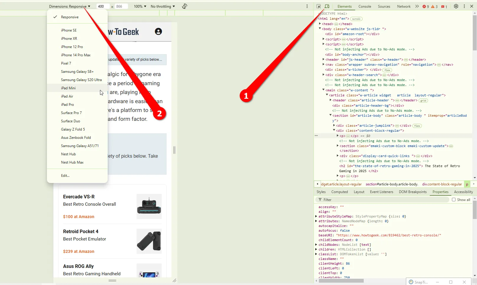 Biểu tượng chuyển đổi thanh công cụ thiết bị (Toggle device toolbar) trong Element Inspector của Chrome, cho phép người dùng chuyển đổi giữa chế độ xem trên máy tính và giả lập thiết bị di động.