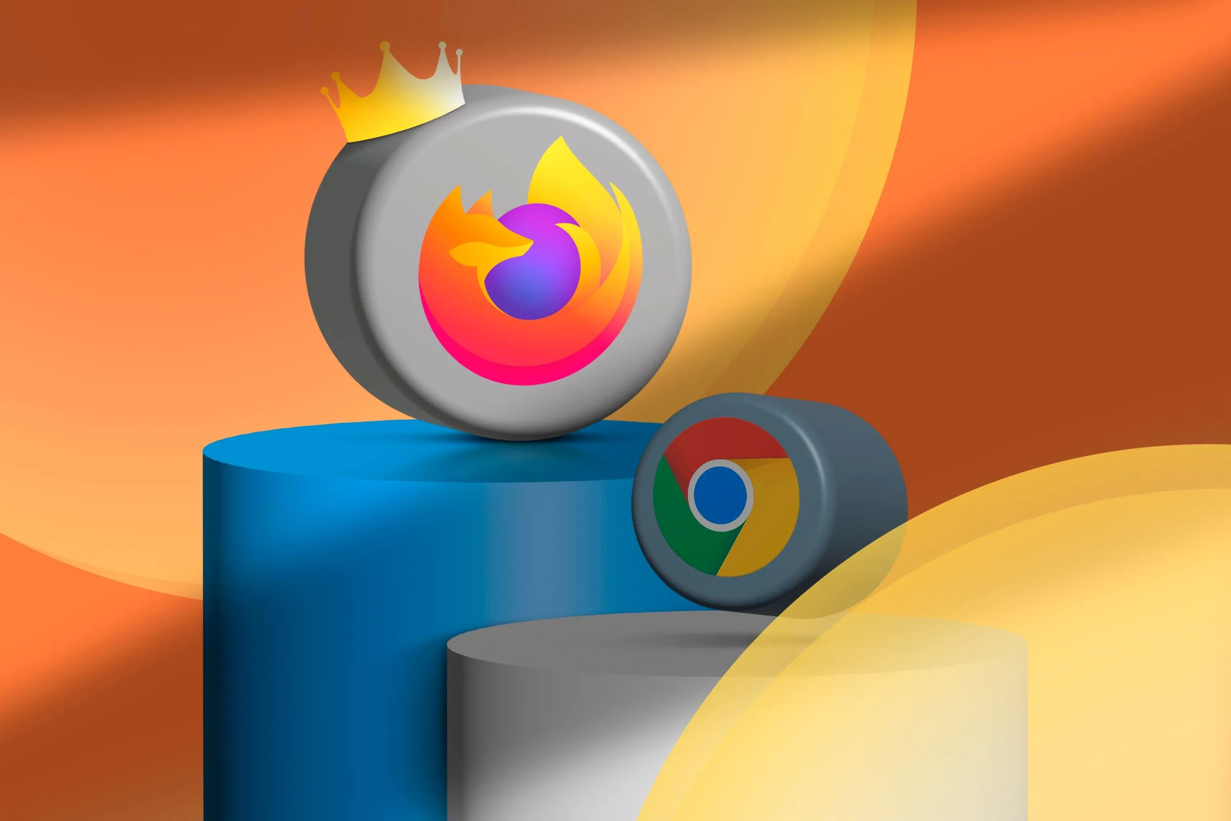 Biểu tượng Firefox và Chrome trên bục, với Firefox đội vương miện, tượng trưng cho việc lựa chọn trình duyệt mặc định trên Windows.