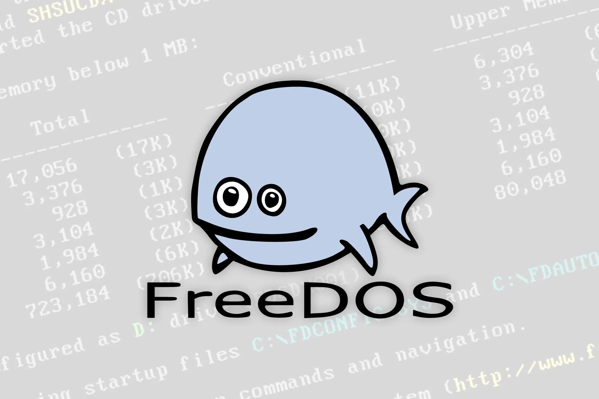 Biểu tượng FreeDOS cùng giao diện dòng lệnh DOS truyền thống, minh họa cho các dự án hệ điều hành nguồn mở kế thừa từ quá khứ.