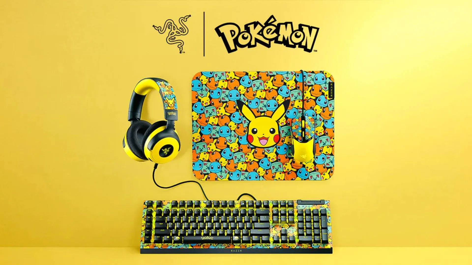 Bộ sưu tập Razer Pokémon bao gồm chuột, bàn phím và bàn di chuột với thiết kế chủ đề Pokémon trên nền vàng, ra mắt thị trường quốc tế.