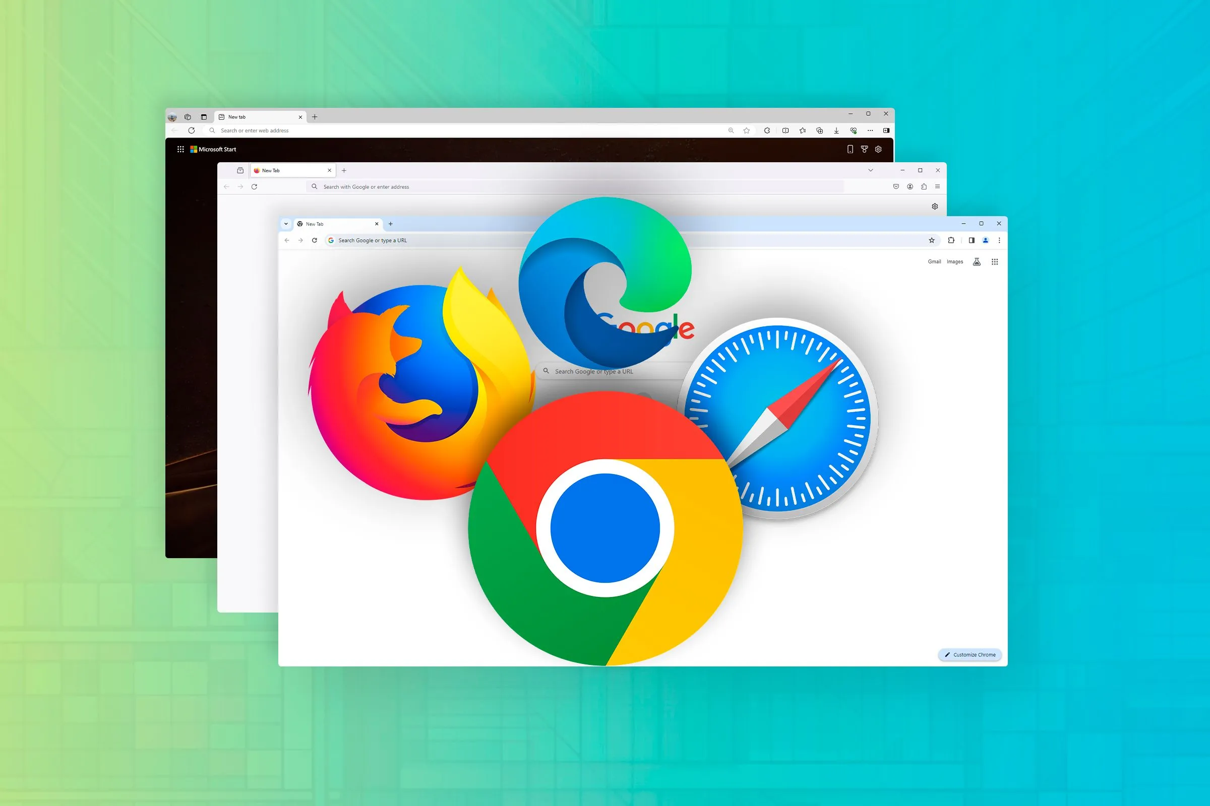 Các biểu tượng trình duyệt web phổ biến như Chrome, Firefox, Safari và Edge, minh họa các nền tảng dễ bị cướp phiên