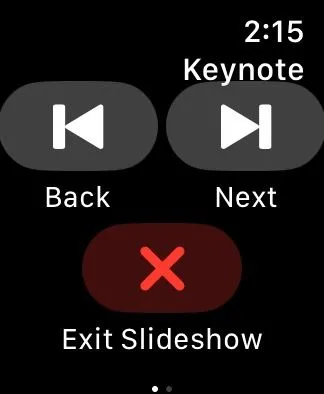 Các nút điều khiển slide &quot;Trở về&quot; và &quot;Tiếp theo&quot; trong ứng dụng Keynote trên Apple Watch, hỗ trợ chuyển đổi giữa các trang thuyết trình.