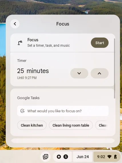 Các tùy chọn chế độ tập trung trên Chrome OS, cho phép người dùng tùy chỉnh thông báo.