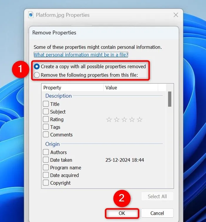 Các tùy chọn để xóa toàn bộ hoặc chọn lọc dữ liệu EXIF cá nhân từ ảnh trên Windows 11