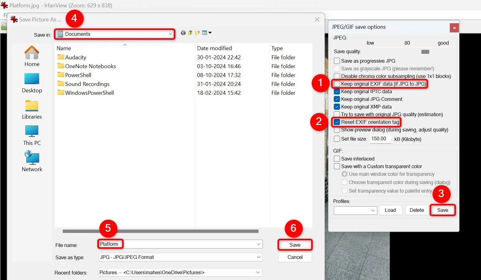 Các tùy chọn lưu ảnh trong IrfanView, bao gồm tắt &quot;Keep Original EXIF Data&quot; để gỡ bỏ metadata