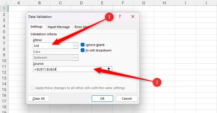 Cells are referenced in the Source field of the Data Validation dialog box in Excel.