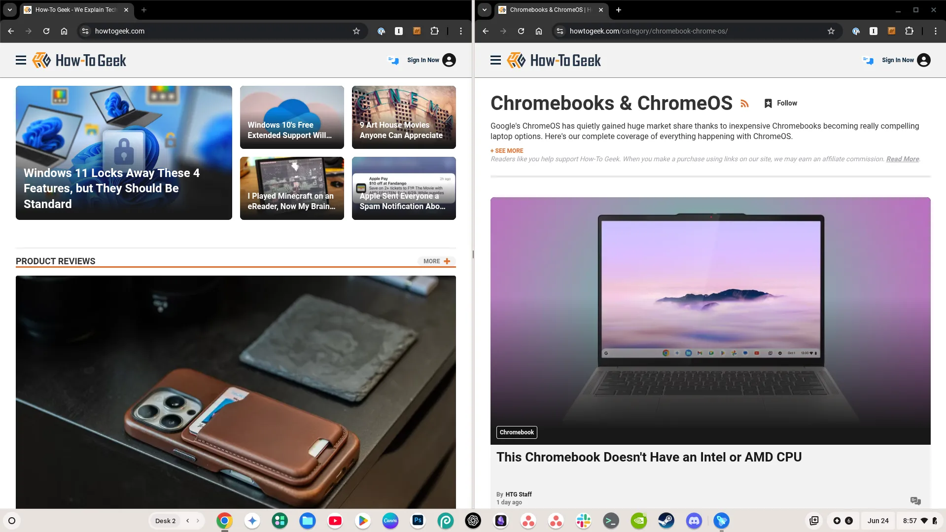 Chế độ chia đôi màn hình hiển thị hai cửa sổ Chrome đang mở với trang web How-To Geek, tối ưu cho đa nhiệm.