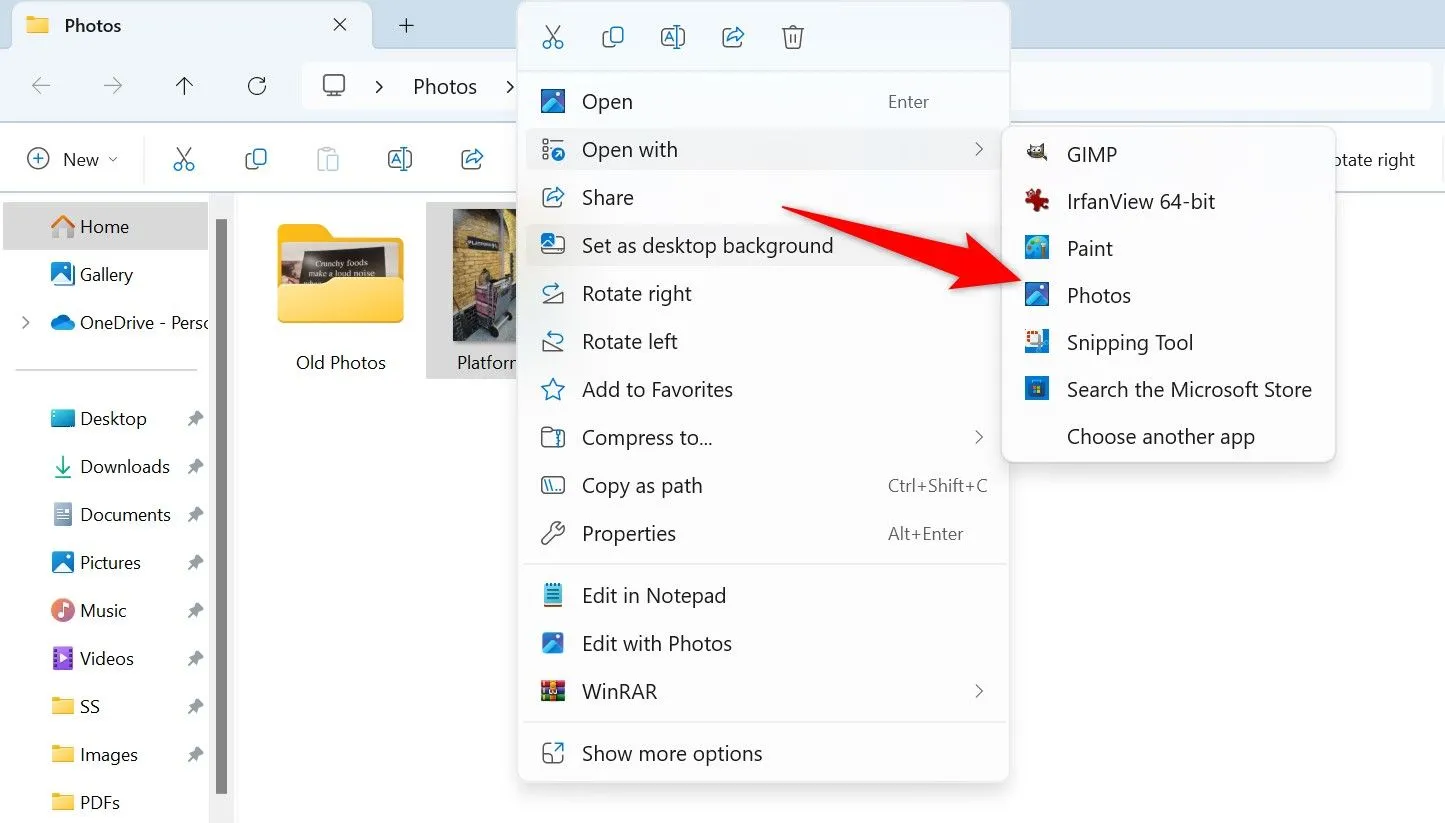 Chọn mở ảnh bằng ứng dụng Photos từ menu &quot;Open With&quot; trong File Explorer
