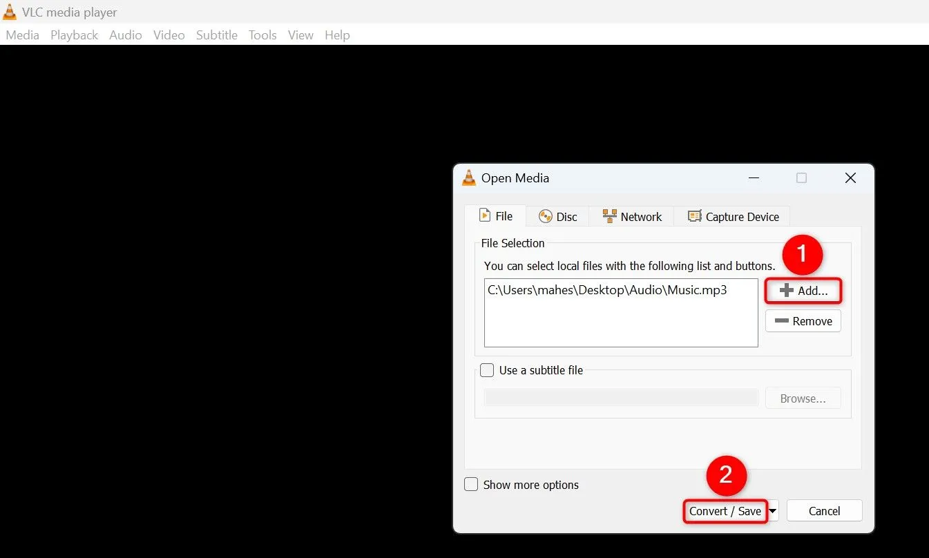 Cửa sổ &quot;Convert/Save&quot; trong VLC hiển thị tùy chọn thêm tệp để chuyển đổi định dạng
