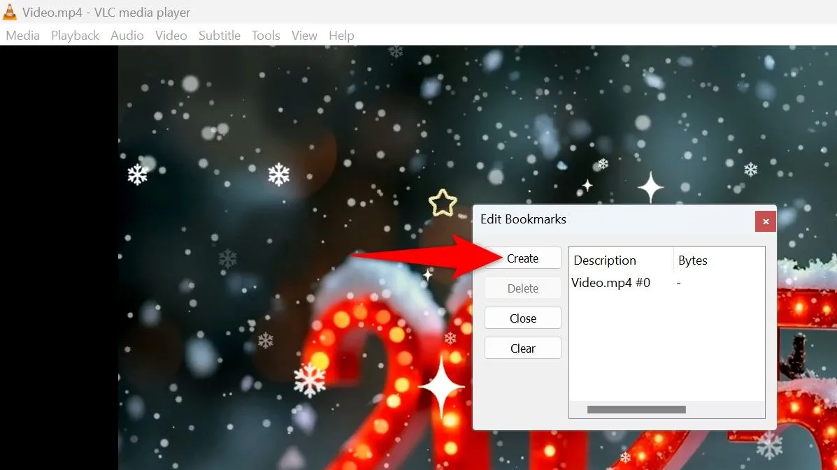 Cửa sổ &quot;Edit Bookmarks&quot; trong VLC cho phép người dùng tạo, quản lý và xóa dấu trang tùy chỉnh trong video