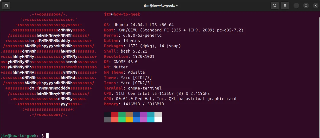 Cửa sổ GNOME Terminal hiển thị kết quả đầu ra của lệnh neofetch, thể hiện giao diện thân thiện với người dùng chuột.