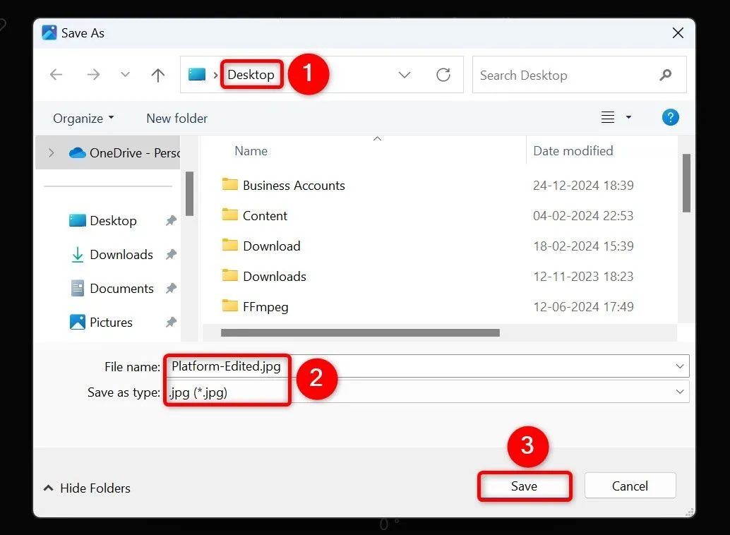 Cửa sổ &quot;Save As&quot; trong ứng dụng Photos, nơi bạn có thể đặt tên và định dạng lưu ảnh