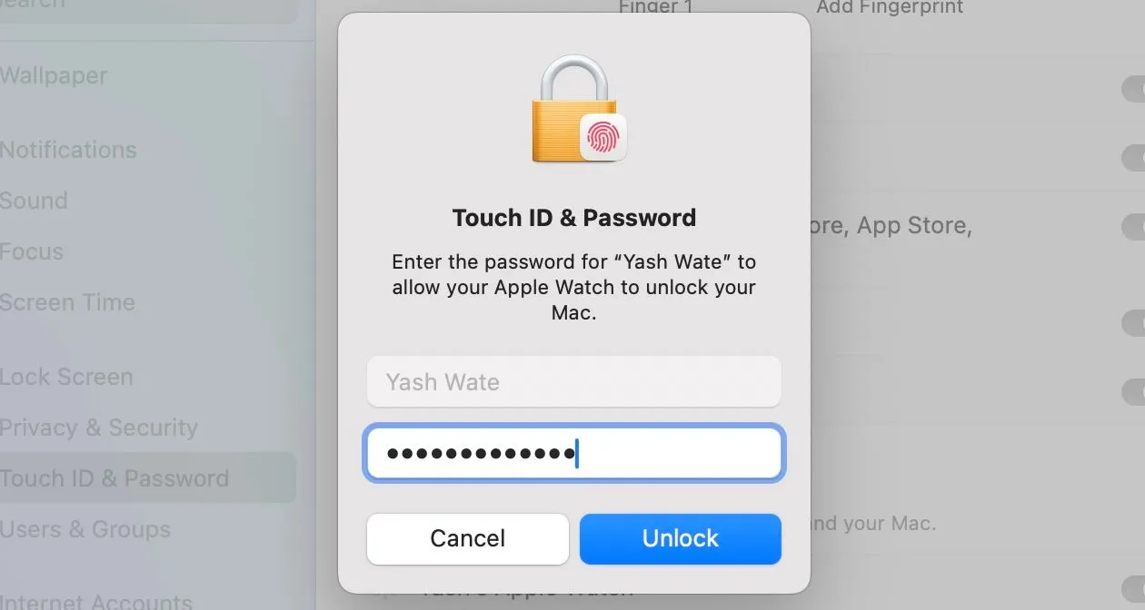 Cửa sổ yêu cầu nhập mật khẩu quản trị viên trên macOS để kích hoạt tính năng tự động mở khóa Mac bằng Apple Watch.