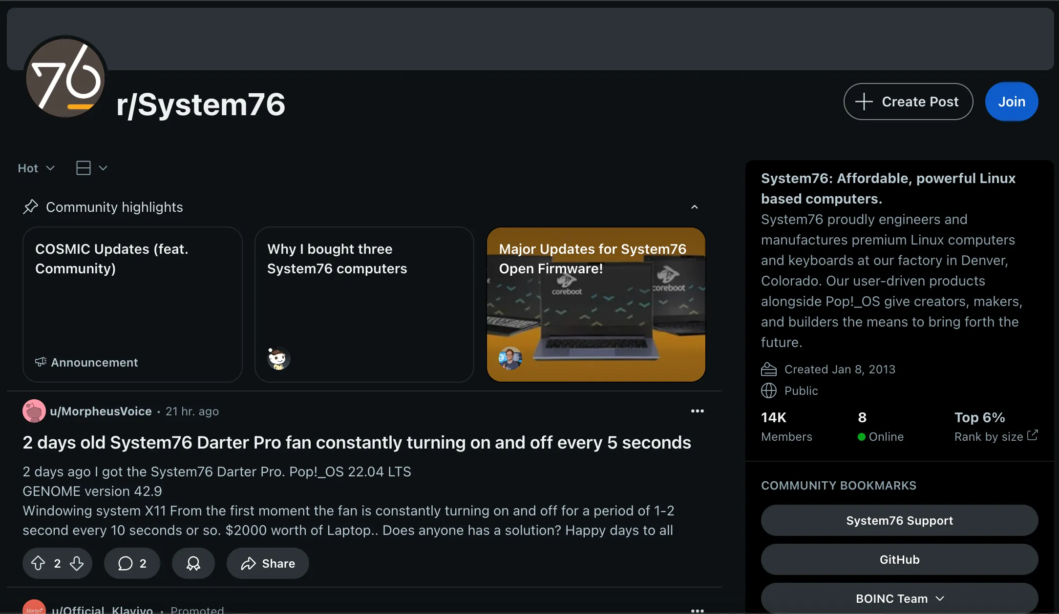 Diễn đàn Reddit của System76 với các bài đăng về phần cứng và hỗ trợ Linux