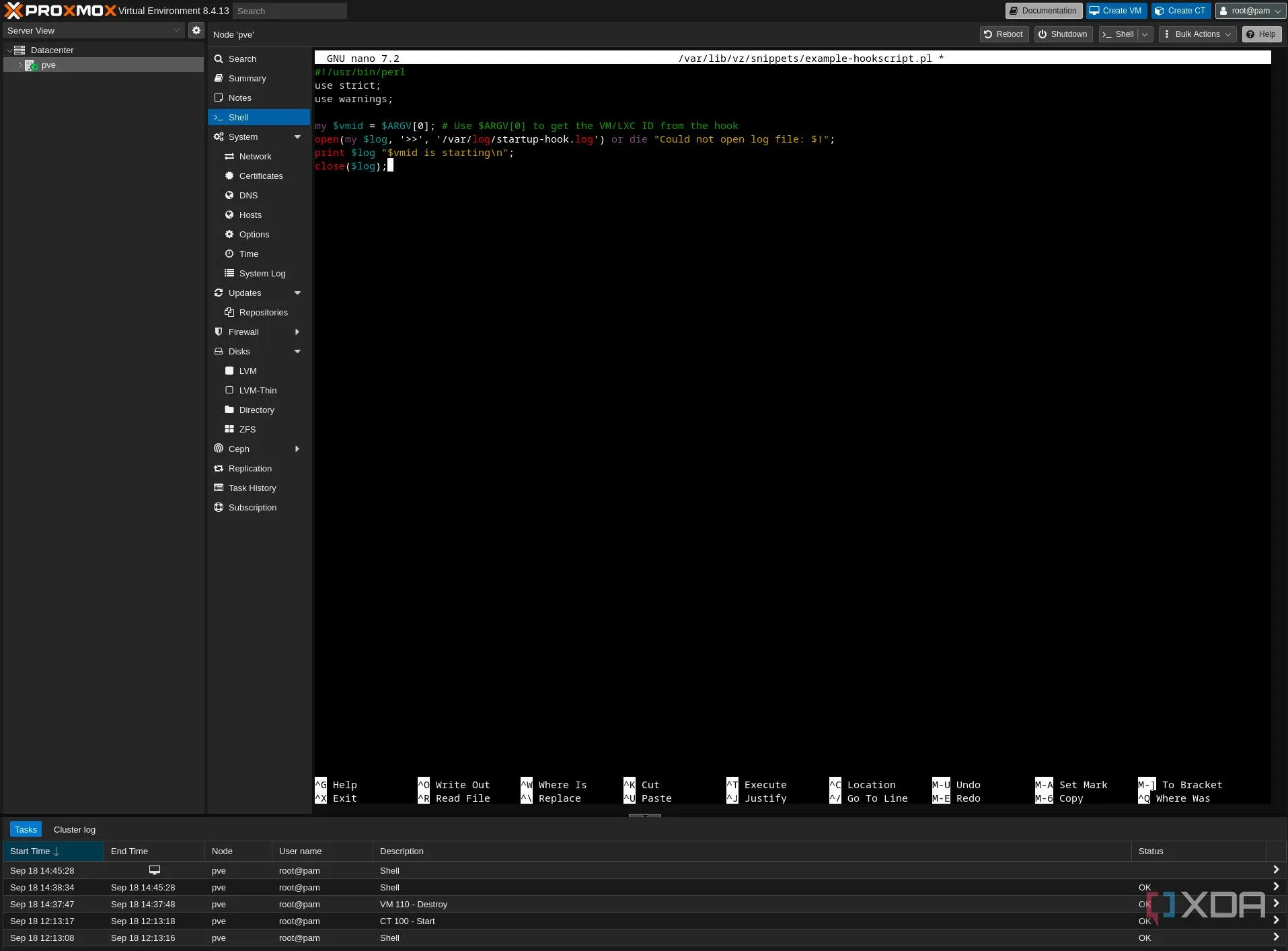 Đoạn mã Perl đơn giản cho hookscript Proxmox ghi thông báo khởi động VM/LXC vào file log.