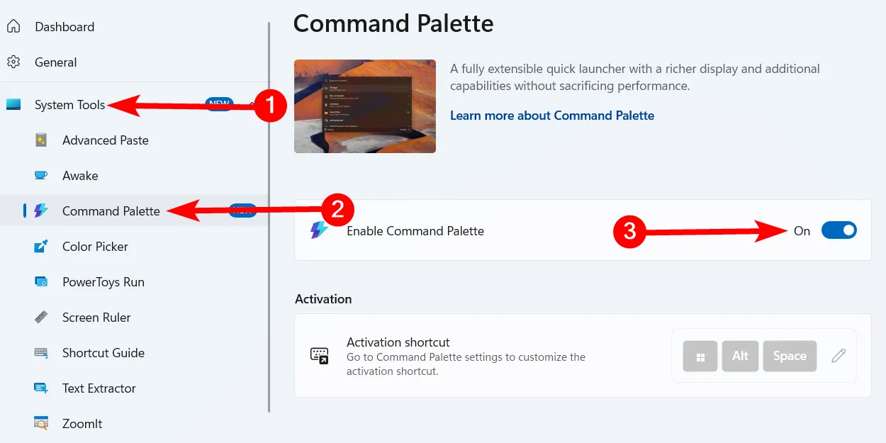 Giao diện cài đặt PowerToys hiển thị cách kích hoạt Command Palette trên hệ điều hành Windows.