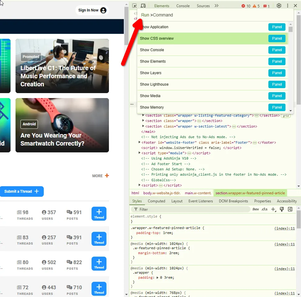 Giao diện DevTools trong Google Chrome, minh họa việc mở bảng lệnh (Command Palette) bằng Ctrl+Shift+P để tìm kiếm và thực hiện lệnh chụp ảnh màn hình toàn trang (Capture full size screenshot).