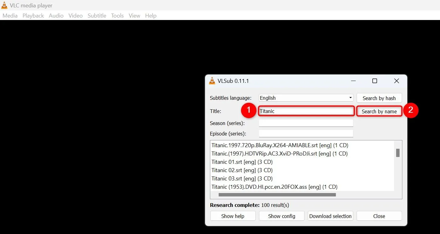 Giao diện plugin VLsub trong VLC hiển thị các tùy chọn tìm kiếm phụ đề theo tên video hoặc mã hash