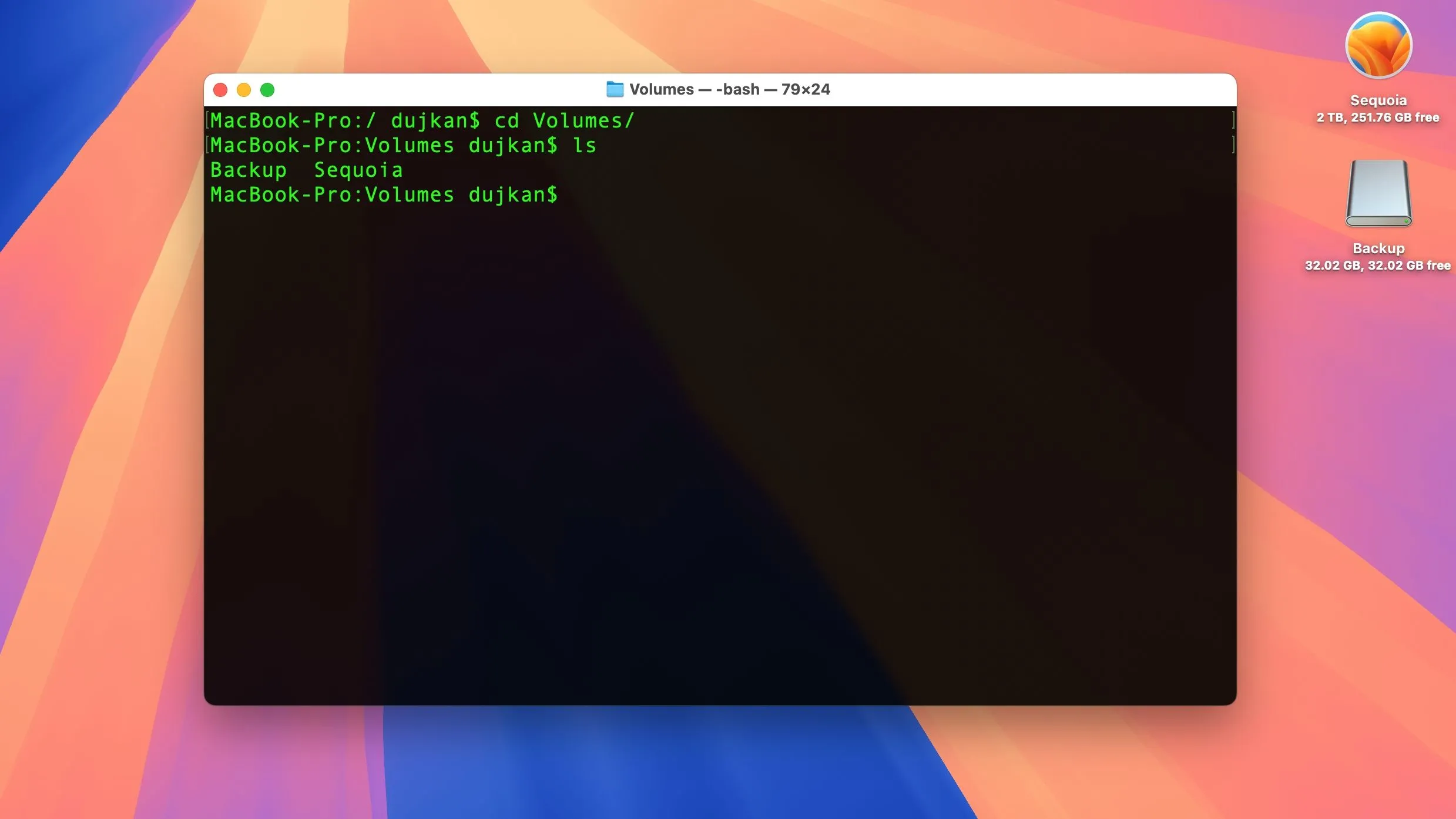 Giao diện Terminal trên macOS Sequoia hiển thị danh sách các volume đã được mount, minh họa cách macOS quản lý phân vùng và ổ đĩa